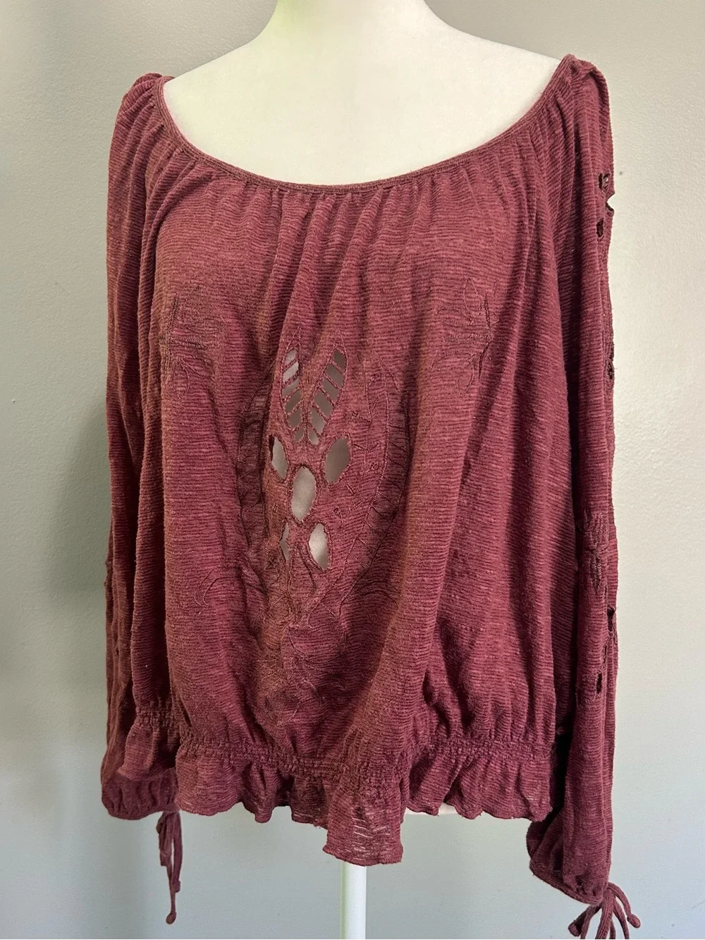 Free People Jewel Blouse Burgundy Boho Cutout Top